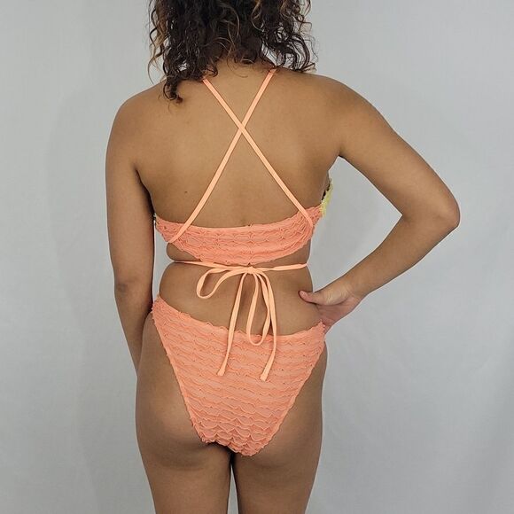 Multi-Color Block Criss-Cross Lace Up Textured Bikini Swimsuit 2 Piece Set - Picture 5 of 6
